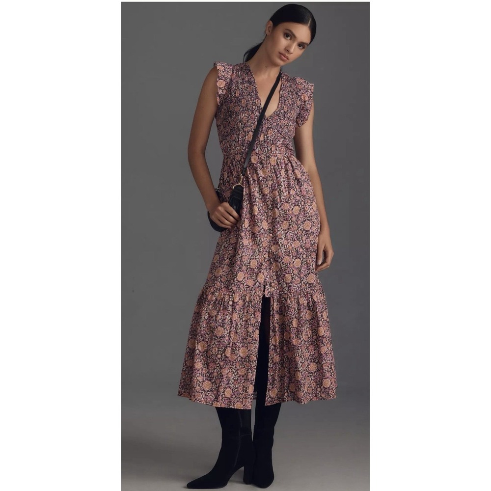 Anthropologie Pink Floral Midi Dress